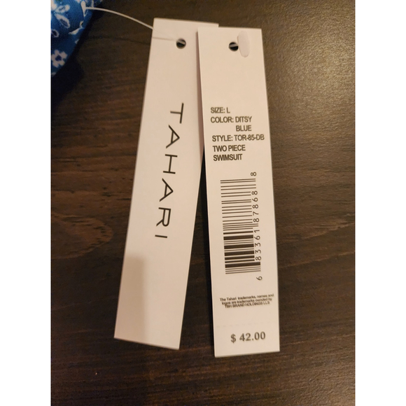 Tahari 2 piece Set Swimsuit Bathing Suit Off Shoulder LARGE Blue White Floral - Picture 11 of 16